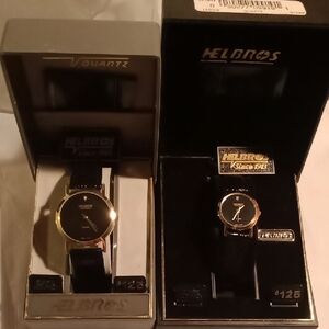 Helbros Vintage His & Her Gold and Black Watches Set With Diamond